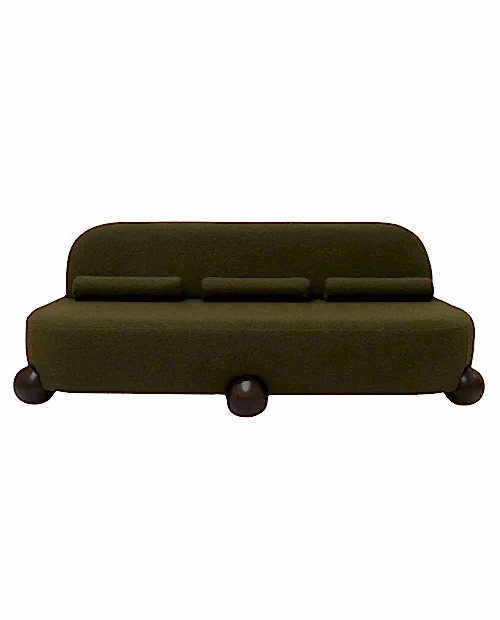 Altı meşe top ayak, üç silindirik yastık ve bouclé kumaş kaplamalı modern Lina Koltuk